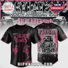 Black and pink baseball jersey for the Suicide Boys Grey Day 2023 Tour with horror-style text, skulls, and skeleton graphics!
