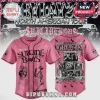 Pink and black baseball jersey with Suicide Boys text, a praying skeleton, and skulls on the front and sleeves for the Greyday Tour!