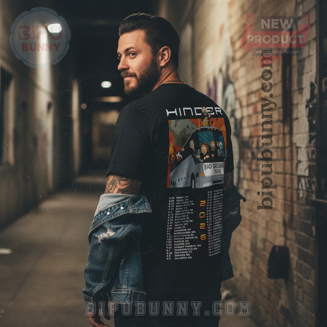 Hinder Bad Decisions Tour Band T-Shirt with Cartoon Bus & 2026 Dates Hinder Bad Decisions Tour Band T-Shirt with Cartoon Bus & 2026 Dates