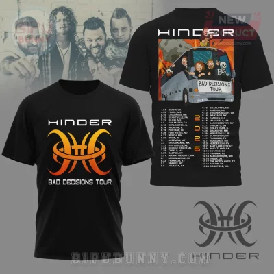 Hinder Bad Decisions Tour Band T-Shirt with Cartoon Bus & 2026 Dates