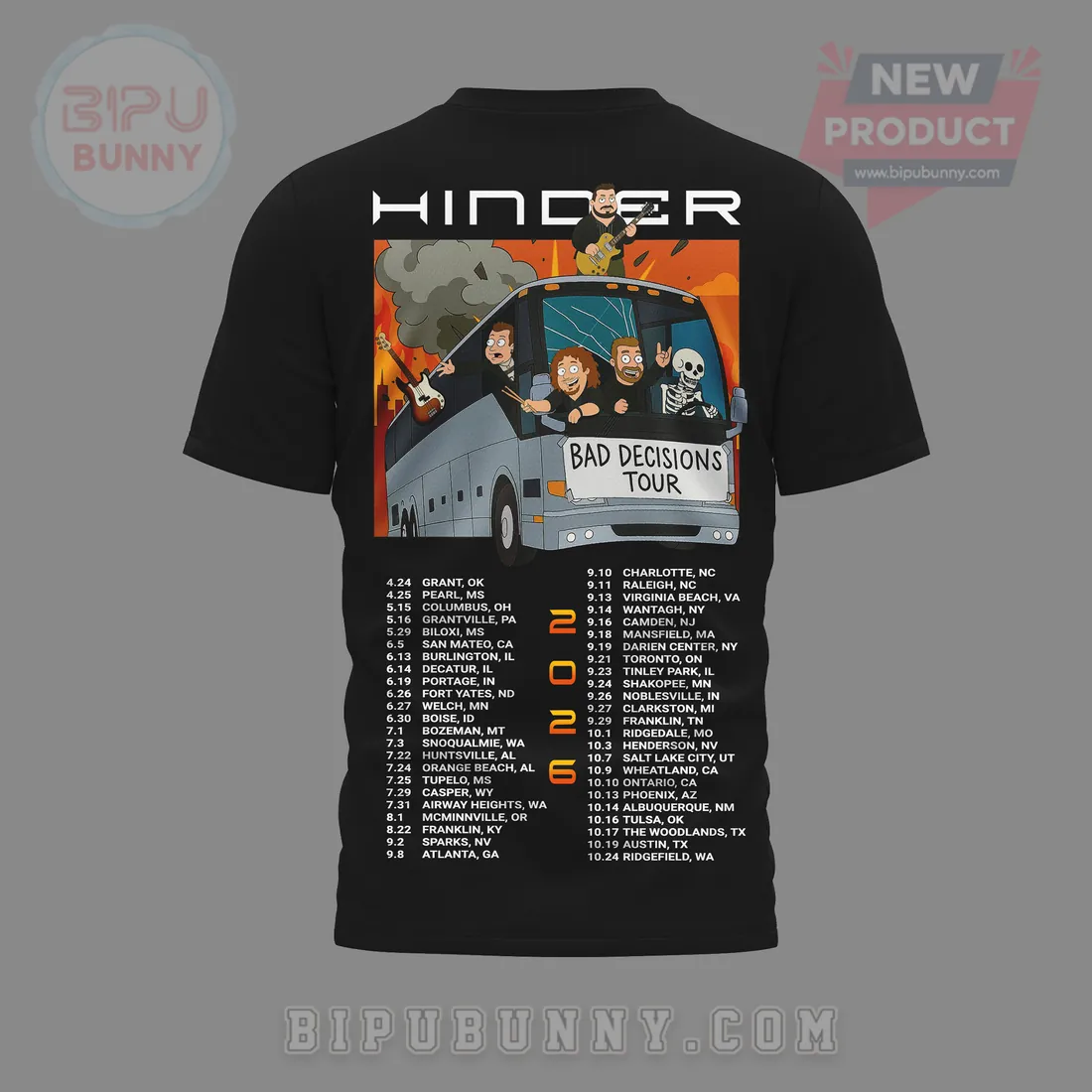 Hinder Bad Decisions Tour Band T-Shirt with Cartoon Bus & 2026 Dates Hinder Bad Decisions Tour Band T-Shirt with Cartoon Bus & 2026 Dates