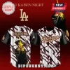 White pinstripe anime baseball jersey! Black sleeves, red/black lines, Higuruma with lightning! Jujutsu Kaisen Dodgers, LA 4!