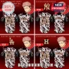 Jujutsu Kaisen anime baseball jersey! White black pinstripes, splatter design, gold 'NEW YORK' text, NY logo, 'ANY NAME 00' custom!