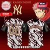White pinstripe baseball jersey with black abstract lines, black sleeves, gold NY logo. Text: Jujutsu Kaisen NEW YORK ANY NAME 00!
