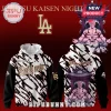 Jujutsu Kaisen Sukuna Dodgers hoodie! White, black, gold streetwear with 'Dodgers' and 'SUKUNA' text!