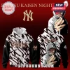 Black white anime hoodie, Jujutsu Kaisen Yankees text, gold NY logo, abstract lines, Itadori character on back!