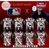 Anime baseball jersey with Gojo Satoru! White, red distressed stripes, black sleeves! Text: GOJO SATORU, NAH I'D WIN, ASTROS, NEW YORK, Dodgers, TEXAS!