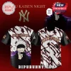 White baseball jersey with black sleeves, red abstract stripes, gold 'NEW YORK' text, Gojo Satoru with 'NAH, I'D WIN!' speech bubble, 'GOJO SATORU' on back, Jujutsu Kaisen logo!