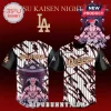 White and black pinstripe Jujutsu Kaisen x Dodgers baseball jersey featuring Sukuna on back! Gold text reads 'Dodgers' and 'SUKUNA'!