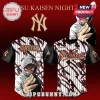 Jujutsu Kaisen x Yankees baseball jersey! White black pinstripes, red lightning, gold 