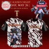 Jujutsu Kaisen anime sports jersey, white with black sleeves, red pinstripes, gold text 'Yuta Okkotsu' and 'TEXAS', Yuta character graphic!