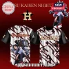 White pinstripe baseball jersey with black sleeves, red slashes, gold ASTROS, Jujutsu Kaisen text, Yuta Okkotsu anime graphic!