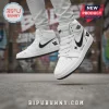 White high-top sneakers with black swoosh, 'NIKE AIR', 'V_E' logo, star, 'Custom Name', and toe signature!
