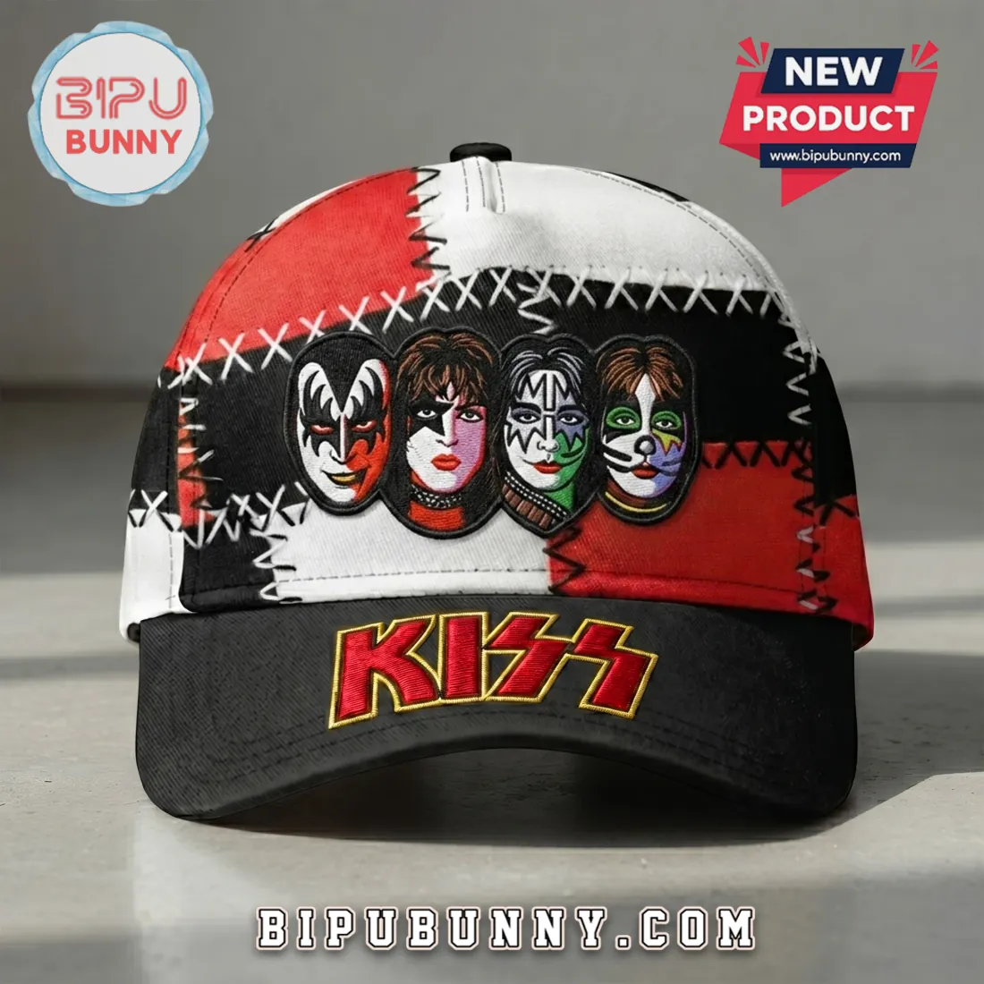 KISS Classic Rock Band Logo & Faces Vintage Patchwork Baseball Cap KISS Classic Rock Band Logo & Faces Vintage Patchwork Baseball Cap