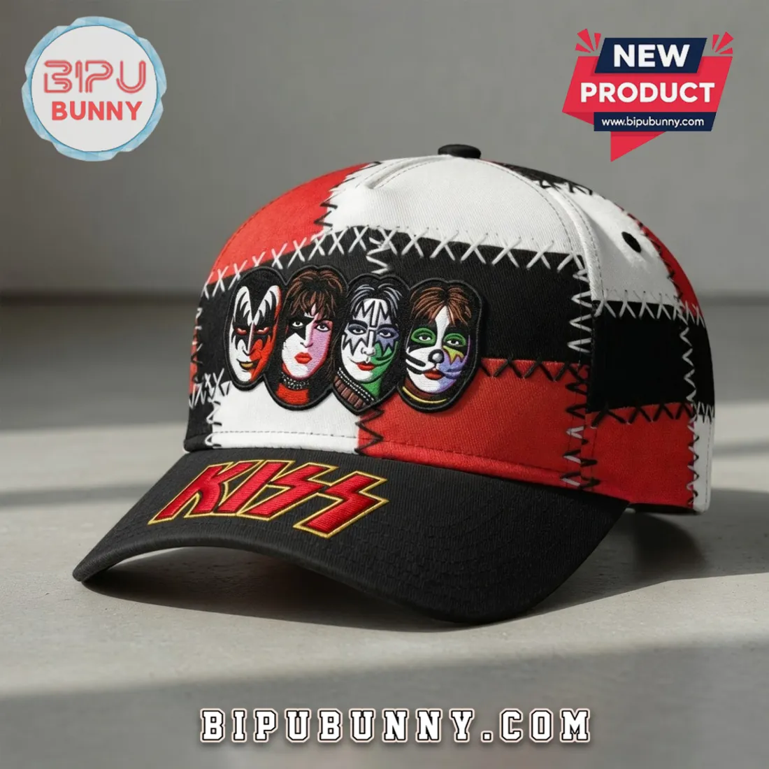 KISS Classic Rock Band Logo & Faces Vintage Patchwork Baseball Cap KISS Classic Rock Band Logo & Faces Vintage Patchwork Baseball Cap