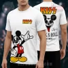 White graphic tee, yellow red KISS logo, cartoon mouse in KISS makeup doing rock gesture! Back features signatures, 