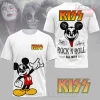 White KISS band tee! Cartoon rocker Mickey Mouse graphic, red, black, yellow details! Text: KISS, ROCK N ROLL ALL NITE!