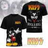 Black KISS Mickey Mouse graphic tee! Front: classic Mickey, red-yellow KISS logo! Back: Mickey in KISS makeup, 'ROCK N ROLL ALL NITE' text!