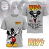 Grey tee, Kiss logo, Mickey Mouse in Gene Simmons makeup with tongue out, signatures, text KISS ROCK N ROLL ALL NITE, retro mashup design!
