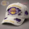 Distressed white Lakers cap with purple underlay, yellow 80th ANNIVERSARY and 1946-2026 text!
