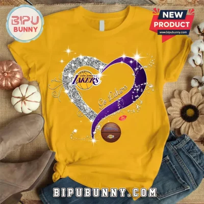 Los Angeles Lakers Sparkling Heart Gold Purple Basketball T-Shirt