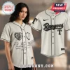Off-white baseball jersey with black piping, heart-shaped photo graphic, monogrammed sleeves, and handwritten script text!