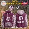 Maroon and white Manly Sea Eagles Indigenous hoodie with custom name! Eagle logo on front and back with text 