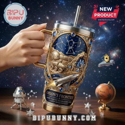 Mars Space Exploration Orion’s Frontier Premium Gold Blue 3D Embossed Tumbler with Straw