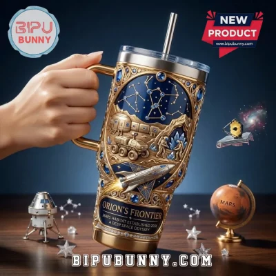 Mars Space Exploration Orion’s Frontier Premium Gold Blue 3D Embossed Tumbler with Straw