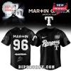 Black Martin Garrix x Rangers baseball jersey with white text! Features MAR+IN 96 on the back and tour logos on sleeves!