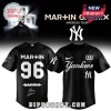 Black Martin Garrix Yankees baseball jersey with MAR+IN and GARRiX 96 on the back and white script Yankees logo on the front!