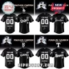 Custom black baseball jerseys for Martin Garrix Americas Tour featuring Dodgers, Yankees, Giants, and Rangers team logos!