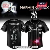 Custom black Martin Garrix New York Yankees baseball jersey with white text, YOUR NAME on back, and red galaxy graphic!