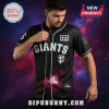 Black baseball jersey with white GIANTS SF logo, Martin Garrix patch, and a red and purple cosmic nebula design at the bottom!