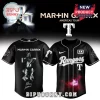 A black Martin Garrix x Texas Rangers baseball jersey with white text 'Rangers' and 'MAR+IN GARRIX' and a red nebula graphic!
