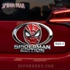 Red chrome 3D Spider-Man mask emblem for car, featuring bold text 'SPIDERMAN EDITION' in superhero style!