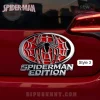 Red and chrome Spiderman car emblem, featuring a black spider on a red web, with 