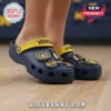 Navy blue clogs, yellow strap, 