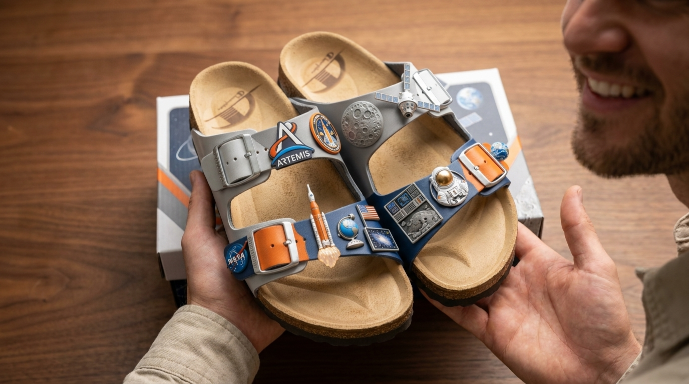 Front view of NASA Artemis II Lunar Mission Limited Edition Sandals with premium cork sole and mission badges