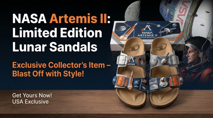NASA Artemis II Lunar Mission Limited Edition Sandals Premium Cork Sole Slides by Bipubunny on display
