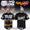 Black LA Dodgers baseball jersey with NE-YO AKON Nights Like This TOUR graphic on the back with yellow neon text!