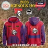 Custom red Newcastle Knights NRL hoodie with blue Indigenous pattern sleeves! Features team logo and customizable name on front!