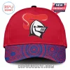 Red baseball cap with a black and white knight helmet logo and red S-shaped plume! Blue brim features a red dot art pattern!