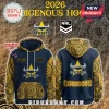 Custom name North Queensland Cowboys 2026 Indigenous Hoodie in navy blue and yellow with dot art patterns and NRL logo!