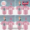 Pink custom baseball jersey with team logos like Dodgers, Giants. Text reads 'you seem pretty sad for a girl so in love'!