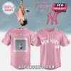 Custom pink New York baseball jersey with photo and lyrics 'you seem pretty sad for a girl so in love' on the back!