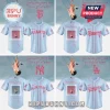 Light blue and pink Olivia Rodrigo baseball jerseys for MLB teams like Giants, Dodgers, Rangers, and Yankees with fan art and lyrics!