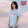 Light blue baseball jersey with pink arched 