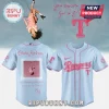 Olivia Rodrigo light blue and pink baseball jersey with Rangers script and a photo with lyrics on the back!