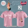 Pink New York Yankees baseball jersey with Olivia Rodrigo on back and text 'you seem pretty good for a girl so in love'!